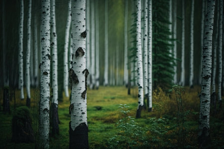 Green deciduous forest with a close up of birch tree trunks. Latvia. Gloomy autumnal setting. Ambient scenery. Topics include flora, fauna, ecology, and environmental protection. Generative AIの素材