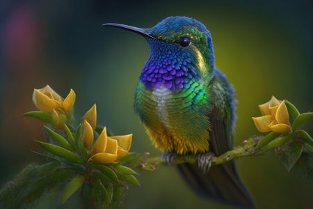 Hummingbird, green and blue Sparkling There was a violet ear fluttering next to a gorgeous yellow flower. Species of bird native to the cloud forests of Ecuador. View of wild animals in their natural . Generative AIの素材