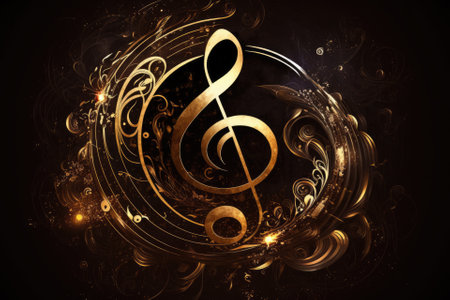 Gorgeous abstract in honor of World Music Day, with a brilliant golden Music Symbol set on a dark background. Generative AIの素材