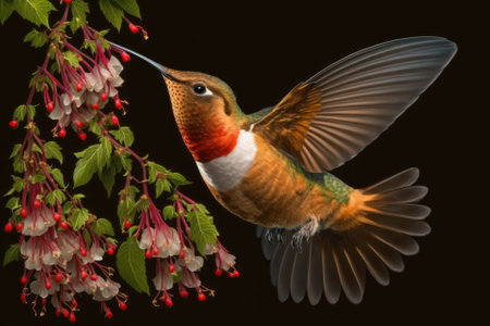 Hovering over red currant flowers is a male Rufous Hummingbird (Selasphorus rufus) (Ribes sanguineum). Generative AIの素材