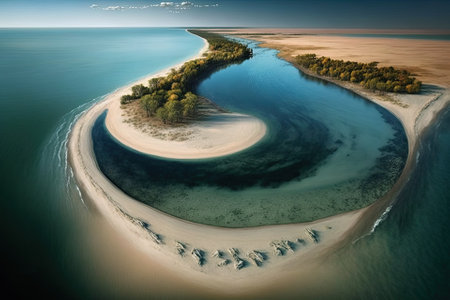 Kinburn Spit in the Ukraine, where two oceans meet, from above. Sunny weather, natural environment, and a stunning terrain define the area between the azure waters of the Black Sea and the winding ben. Generative AIの素材