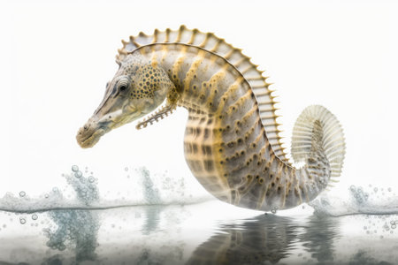 In focus image of a sea horse swimming on a white background. Generative AIの素材