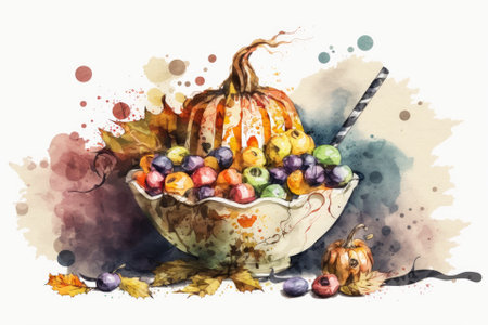 Illustration of Halloween candy painted in watercolor, suitable for use as a table centerpiece or other decorative element at a Halloween celebration. Generative AIの素材