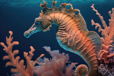 Hippocampus, a type of seahorse, swimming in the ocean with a coral background. Generative AIの素材