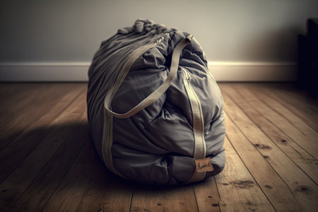 Expansed and empty duffel bag on a wooden floor. Perspective looking down on a stuffed garment bag. Imagined time off from school during the summer. Generative AIの素材