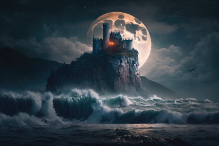 Magnificent fortress surrounded by crashing seas and a full moon. Generative AIの素材