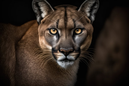 Isolated black background closeup photo of a puma showing off its striking eyes. Generative AIの素材