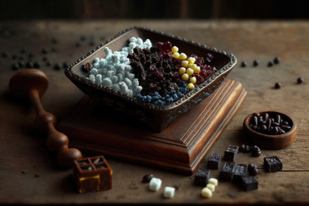 Images of dried cherries and other candies in a square dish of sugar on a wooden tabletop. Generative AIの素材