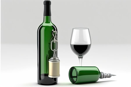 High quality wine in a bottle and a corkscrew on a white background. Generative AIの素材