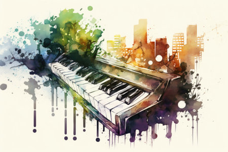 Foreground abstract piano keyboard, background watercolor painting, and foreground digital illustration brush. Generative AIの素材