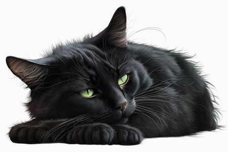 Isolated black cat sleeping and looking up on white background. Generative AIの素材