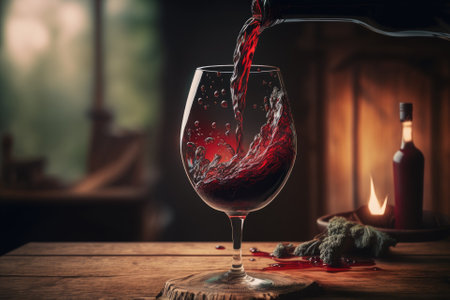 Red wine being poured into a glass, blurred wood in the background. Generative AIの素材