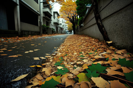 On the ground in Fukuoka, JAPAN, the leaves had fallen and blanketed the area. Generative AIの素材