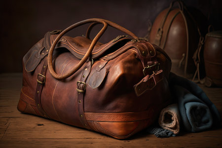 Old fashioned leather travel bag. Generative AIの素材