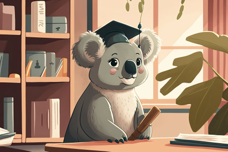 Illustration of a cartoon koala enrolled in graduate school. The setting of the award show. Generative AIの素材