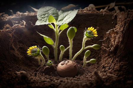 New life sprouts on the terrace in spring. Sprouting of a new flower garden. Germinating sunflowers. Generative AIの素材