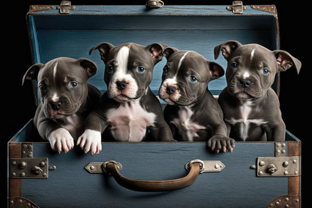 Photograph of four black American Staffordshire Terrier (AmStaff) puppies in a vintage suitcase on a blue backdrop. Generative AIの素材