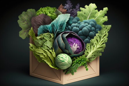 Proteins from living organisms. Plants grown in a garden or picked from the harvest. Box of farm fresh vegetables. Generative AIの素材
