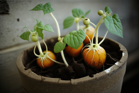 Physalis seedlings or sprouts growing in a pot of soil used for propagation. Generative AIの素材