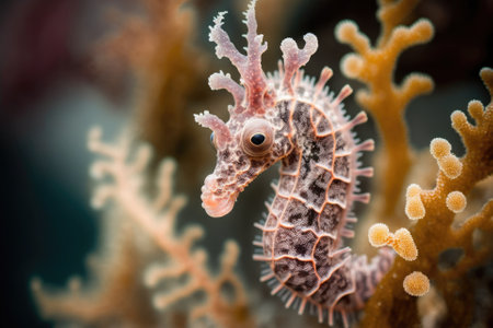 One of the Bargibanti Pygmy Seahorses resting in a coral sea fan. Indonesian underwater photograph shot while scuba diving in Raja Ampat. Generative AIの素材