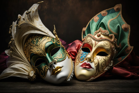 On the table sit Venetian half masks. On the table is a carnival mask. Half Face Mask. Carnival half mask from Venice, decorated with ribbons of various colors. Generative AIの素材