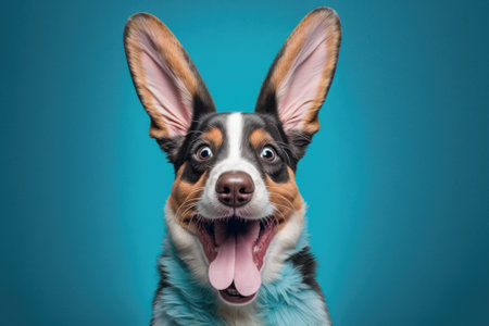 Laugh out loud at this blue backdrop cartoon dog with bunny ears and a wide open mouth. a mixed breed dog with three different colors, typically associated with Easter. Generative AIの素材