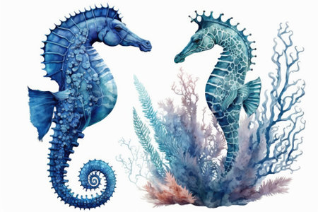 On a white background, a blue sea horse and hippocampus watercolor illustration. Generative AIの素材