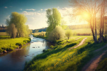 Pleasant springtime scene in a meadow by a river. Beautiful countryside scenery. Background of bright sunshine in the springtime. Generative AIの素材