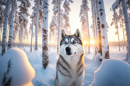 Outdoors with huskies in Lapland, Finland, during the winter. Generative AIの素材
