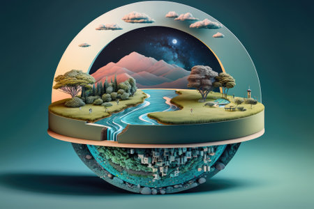 Surreal round earth cutaway cross section isolated against pastel cyan night sky, atop a circular platform in a fanciful grassy landscape with a river. Generative AIの素材