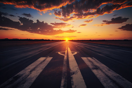 Sunset over a tarmac road with clouds in the sky. Setting of a road. Generative AIの素材