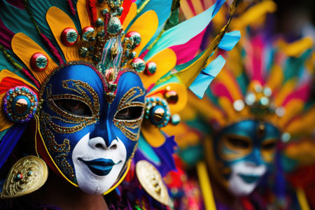 Masskara Festival revelers in Bacolod City, Philippines, wear brightly colored masks and costumes while dancing in the streets. Generative AIの素材