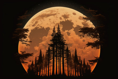 The moon rises in all its glory behind some mysterious conifers. Orange moon in a dark sky. Generative AIの素材
