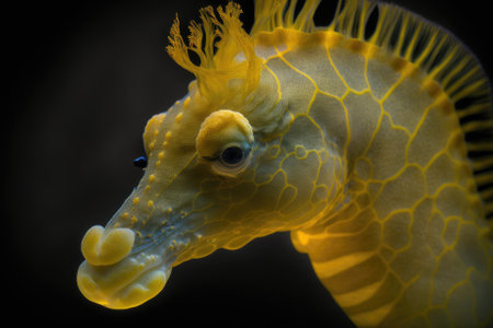 Photographic closeup of a stunning seahorse, most likely Hippocampus kuda, also known as the estuary seahorse, yellow seahorse, or spotted seahorse, and found in the waters of the Indo Pacific near In. Generative AIの素材