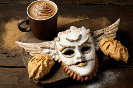 Sfrappole or chiachiere or angel wings and delicious coffee on a woody background. Carnival meal TYPICAL and carnival mask. Deep fried, sugar dusted sweet pastries are a time honored tradition. Generative AIの素材