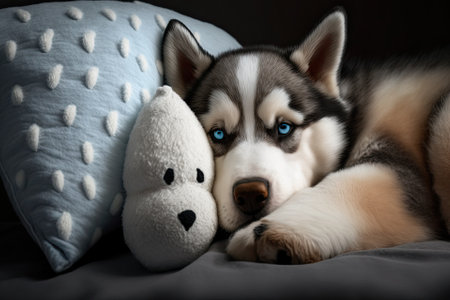 Puppy Siberian Husky cuddling close to stuffed bear on pillow in bed. First rate perspective. Void where text could be inserted. Generative AIの素材