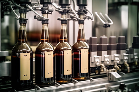 Theme of an industrial wine bottling plant. Alcohol beverage bottling and packaging is performed on a state of the art industrial production line. Generative AIの素材