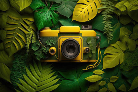 The background of a yellow camera is filled with greenery. A . Generative AIの素材