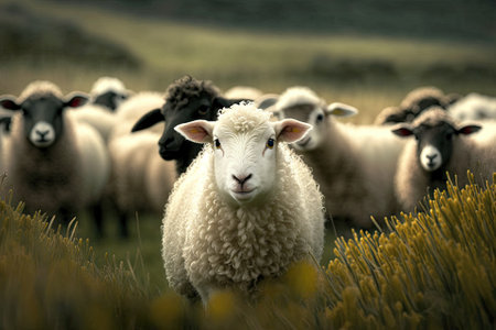 Photo of a lamb grazing in the grass, with a flock of sheep in the background, at close range. Generative AIの素材