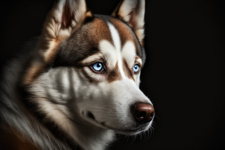 Studio portrait of a stunning Siberian Husky dog, with blue and brown eyes, against a black background. Generative AIの素材