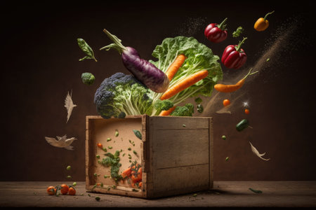 Vegetables in a wooden box, in mid air, against a rustic backdrop. Generative AIの素材