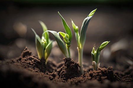 Shallow depth of field on a growing crop of fresh green corn seedlings in a farm field. Close up of maize seedlings emerging from the soil in a farm setting. Generative AIの素材