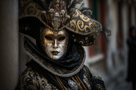 Photo taken on February 4, 2016, in Venice, Italy, of a woman wearing a mask for the annual carnival celebration. Generative AIの素材