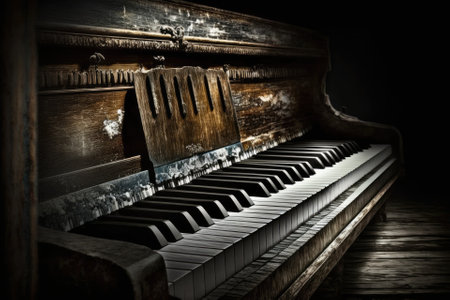 Old wooden piano keys in foreground of dark background, musical instrument. Generative AIの素材