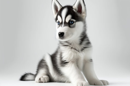Three month old Siberian Husky puppy in front of a white background. a single Siberian husky against a pure white background. Black and white studio image of a cute little husky puppy. Stunningly ador. Generative AIの素材