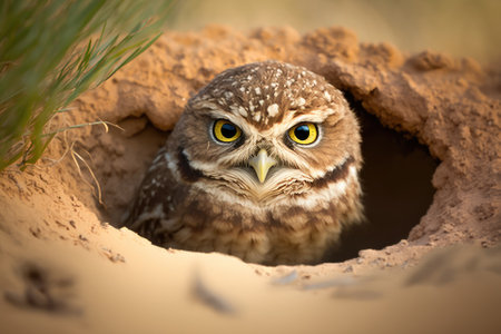 This burrowing owl is hilarious. The Athene cunicularia raises its head curiously as it sits on the edge of its burrow. Generative AIの素材