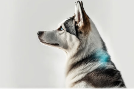 Young adult Husky dog in profile, sitting on its side. A person with light blue eyes who is staring straight ahead. Stands out against the pure white background. Generative AI