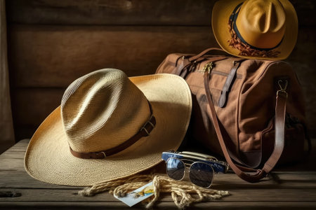 The items on the brown wooden table are from another era a vintage luggage, pants, blouse, straw hat, and sunglasses. Blanket copy space. Concept of bags for a trip. Generative AIの素材