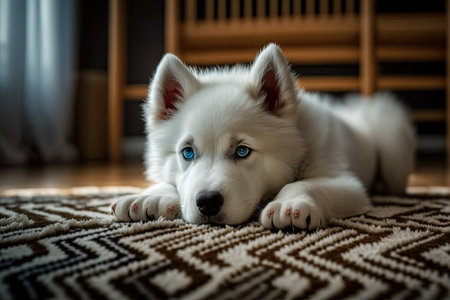 While at home, a white husky puppy relaxes on the carpet and chews on a bone. On the hardwood floor, a dog with albinism and unusual eyes relaxes. Family pet. Generative AIの素材
