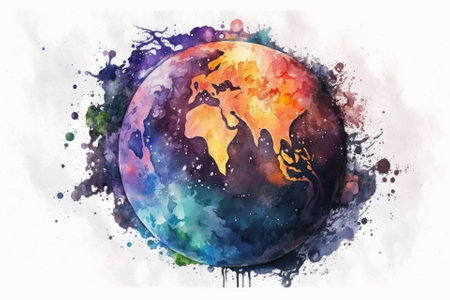 Planet painted in watercolors, isolated on white. Generative AIの素材